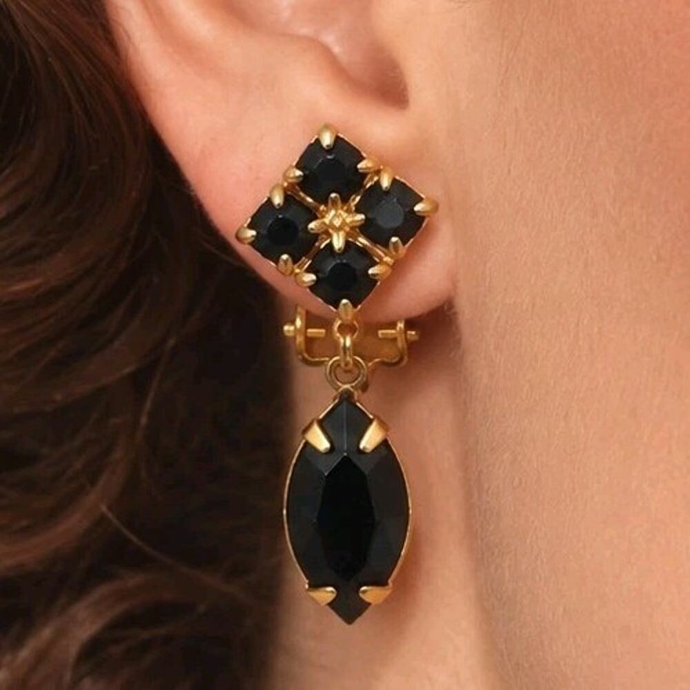 Vintage Black Rhinestone Dangle Clip On Earrings Gold Tone Marquise Drop Glamour